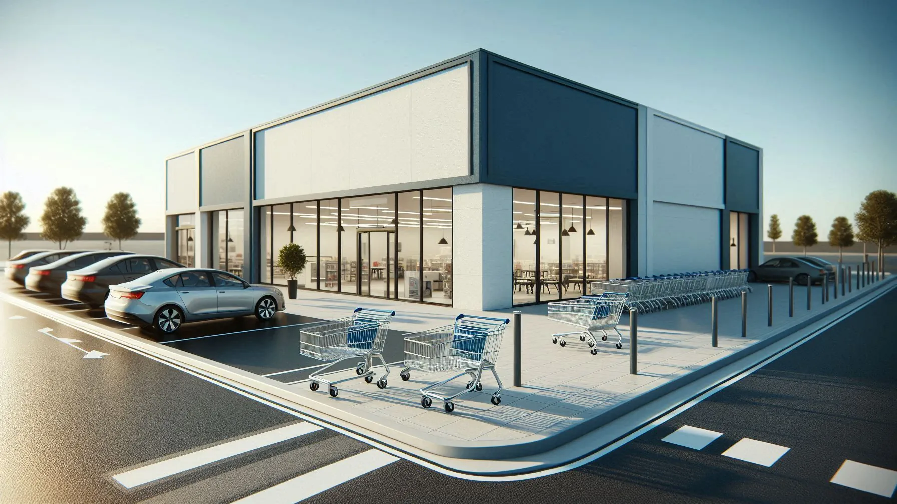 Contemporary shop with shopping trolleys and cars in the car park, no cycle access shown
