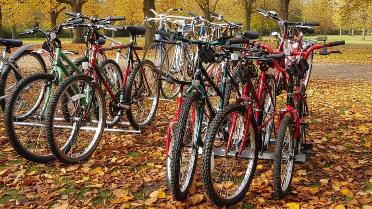 Rows of refurbished bicycles set in an autumn park with golden leaves on the ground